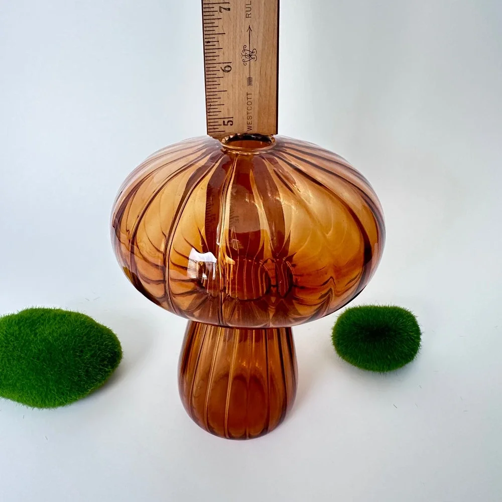 Vintage Amber Glass Mushroom Vase Ribbed Toadstool MCM Cottagecore Decor 5 inch